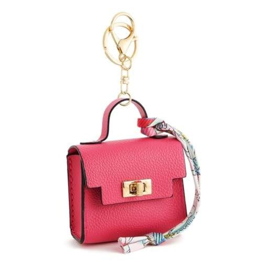 Mini Handbag Keychain Charm Hot Pink Pebbled Leather Scarf Detail‎ Gold Hardware